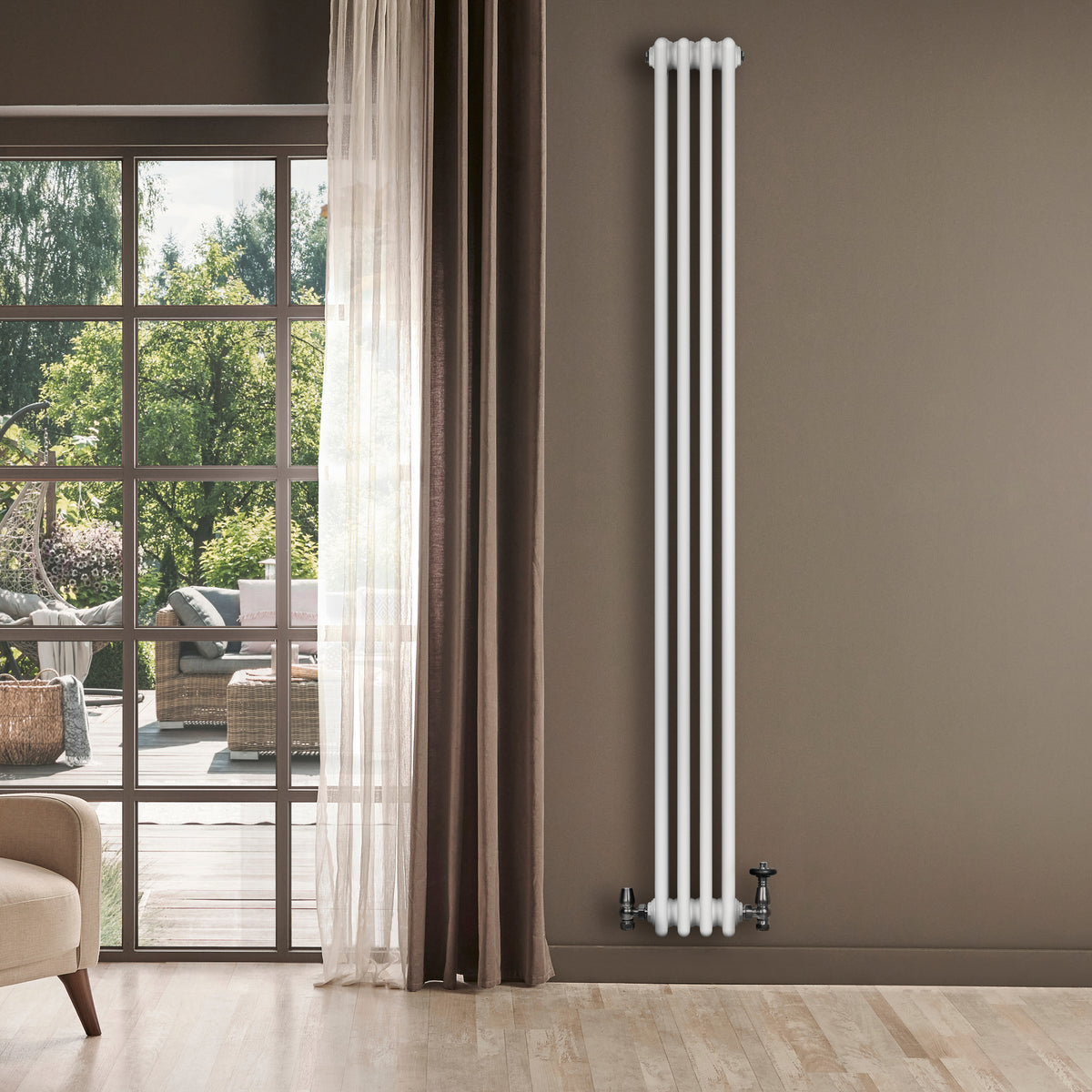 Röhrenheizkörper 4 Säulen mit TRV Chromventile – 1800mm x 200mm – Weiß