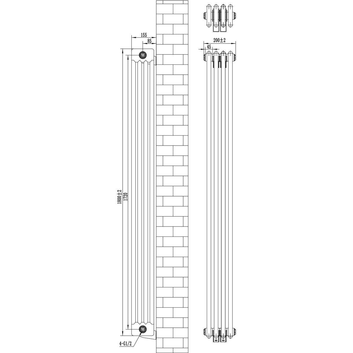 Röhrenheizkörper 4 Säulen mit TRV Chromventile – 1800mm x 200mm – Weiß - view 6