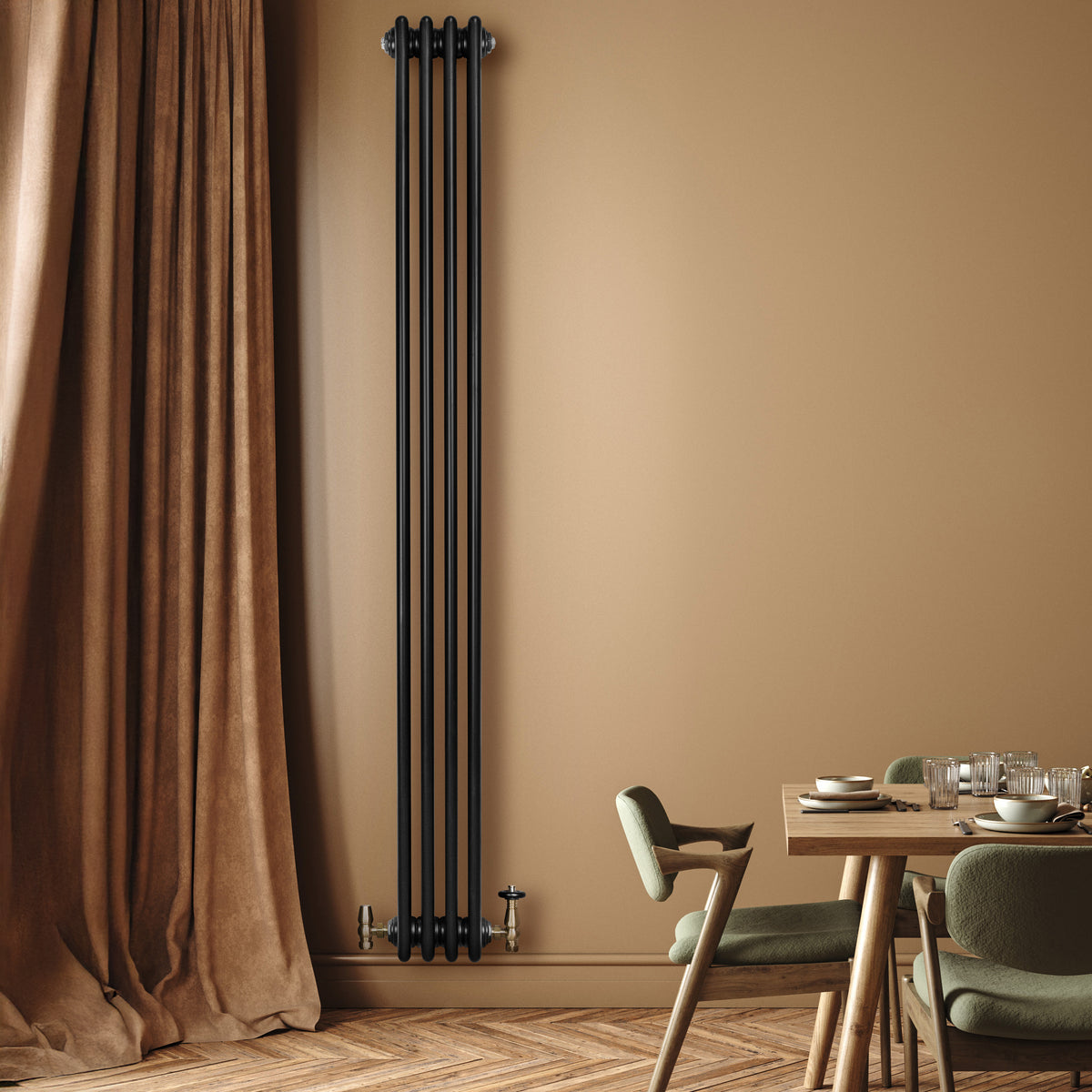 Röhrenheizkörper 4 Säulen mit TRV Chromventile – 1800mm x 200mm – Schwarz - view 3