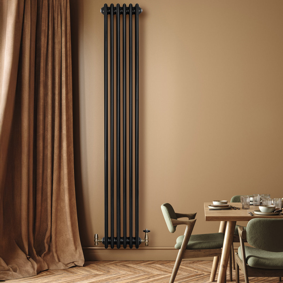 Röhrenheizkörper 4 Säulen mit TRV Chromventile – 1800mm x 290mm – Schwarz - view 2