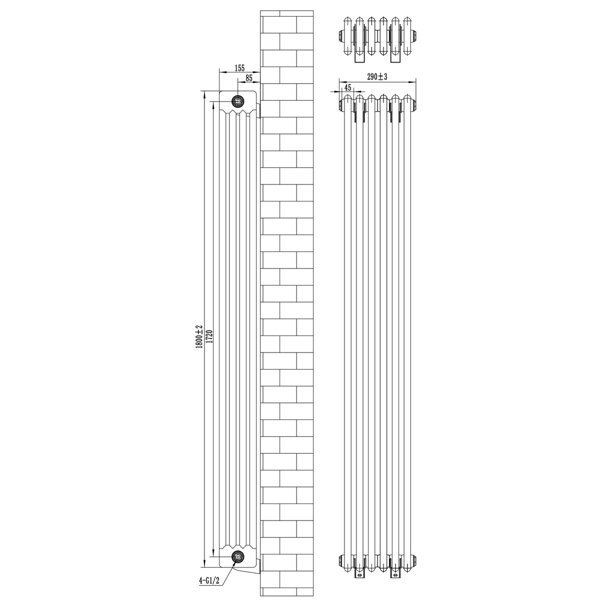Röhrenheizkörper 4 Säulen mit TRV Chromventile – 1800mm x 290mm – Schwarz - view 12