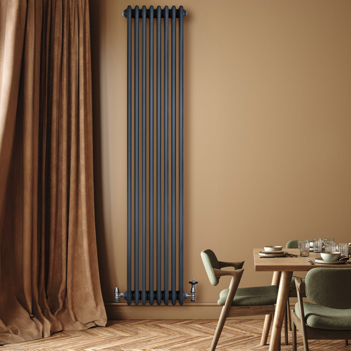 Röhrenheizkörper 4 Säulen mit TRV Chromventile – 1800mm x 380mm – Anthrazitgrau - view 3
