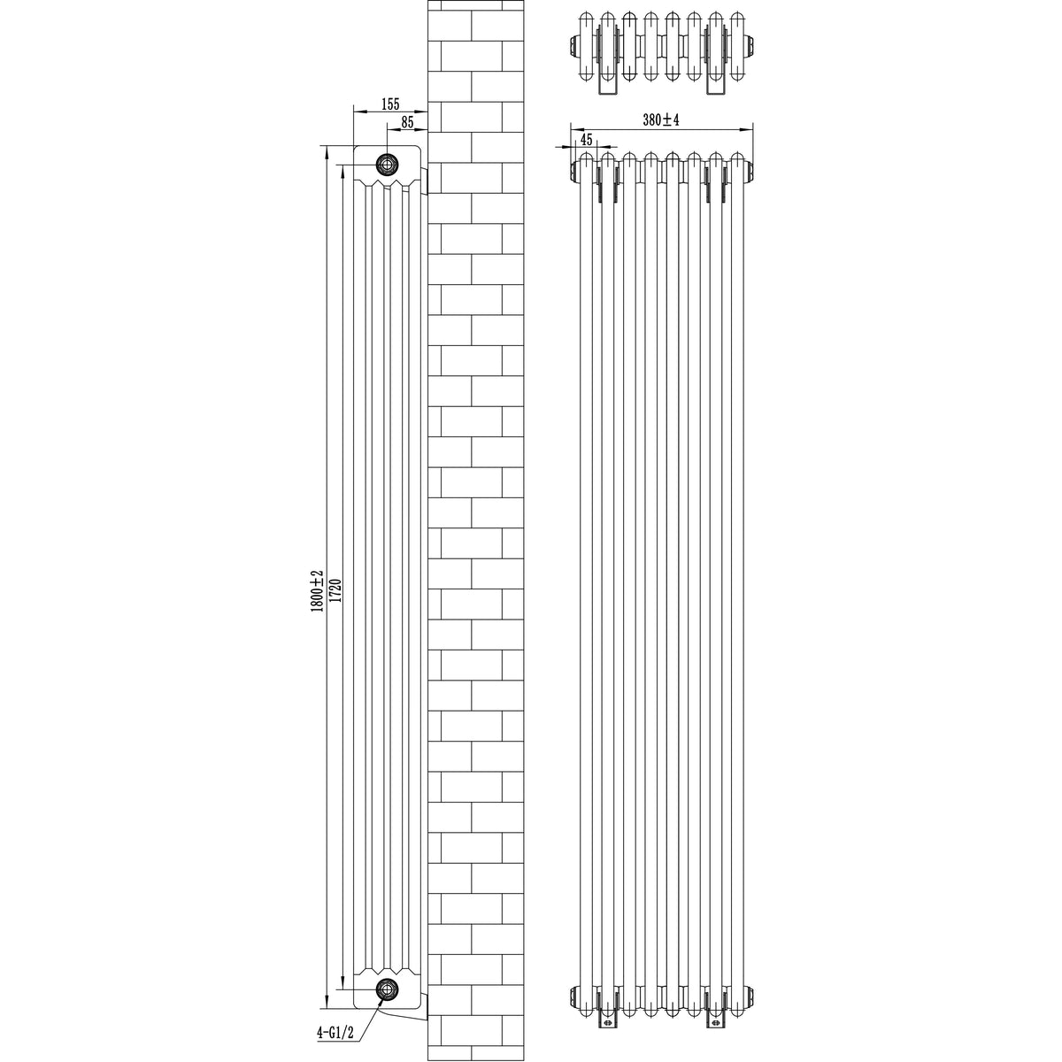Röhrenheizkörper 4 Säulen mit TRV Chromventile – 1800mm x 380mm – Weiß - view 11