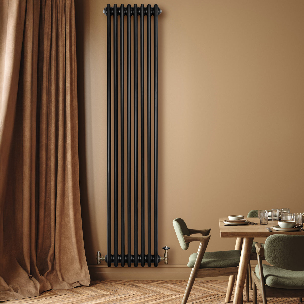 Röhrenheizkörper 4 Säulen mit TRV Chromventile – 1800mm x 380mm – Schwarz - view 3
