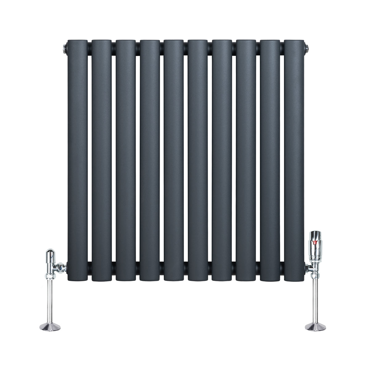 Anthrazitgrauer Gliederheizkörper mit TRV Chromventilen, 600mm x 600mm, vertikale Röhrenstruktur und glänzende Ventile für modernes Design