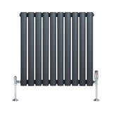 Anthrazitgrauer Gliederheizkörper mit TRV Chromventilen, 600mm x 600mm, vertikale Röhrenstruktur und glänzende Ventile für modernes Design