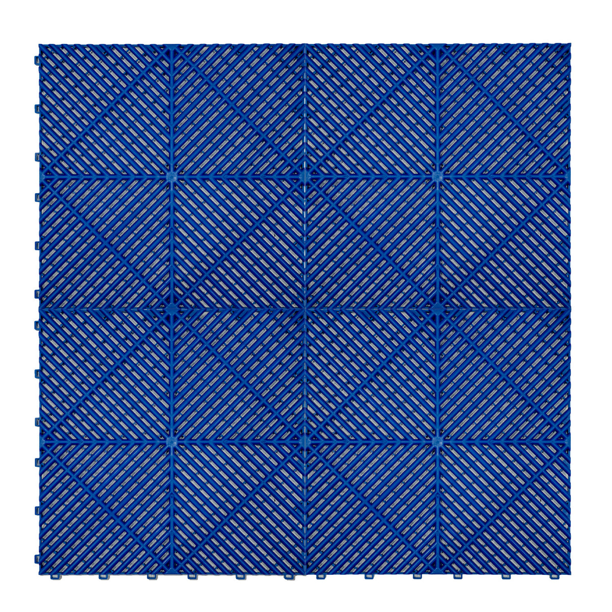 Belüftete Garagenbodenfliesen in kräftigem Blau, quadratisch mit strukturiertem Muster und Kanten, ideal für eine rutschfeste Oberfläche und einfache Montage