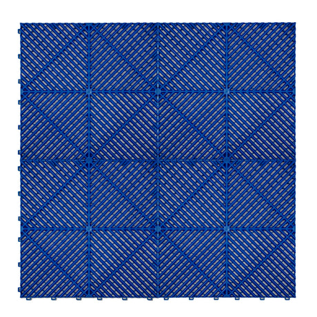 Belüftete Garagenbodenfliesen in kräftigem Blau, quadratisch mit strukturiertem Muster und Kanten, ideal für eine rutschfeste Oberfläche und einfache Montage