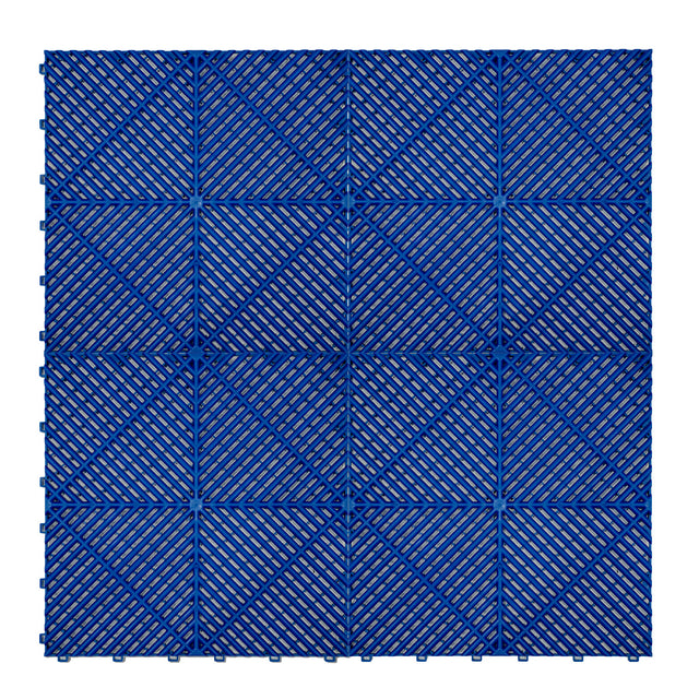 Belüftete Garagenbodenfliesen in kräftigem Blau, quadratisch mit strukturiertem Muster und Kanten, ideal für eine rutschfeste Oberfläche und einfache Montage