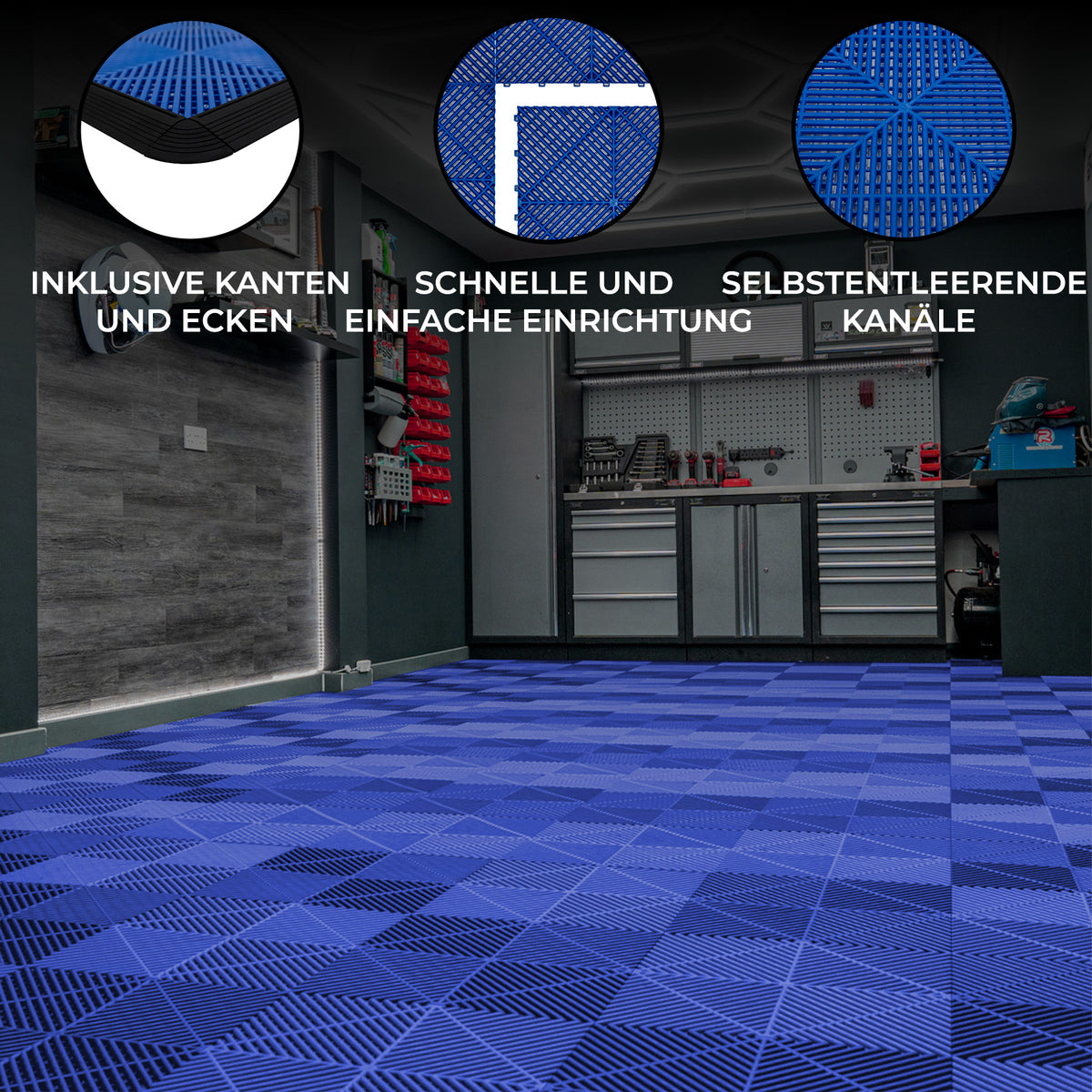Belüftete Garagenbodenfliesen in Blau mit strukturiertem Design, rutschfestem Material und integrierten Kanten für einfache Installation und Drainage