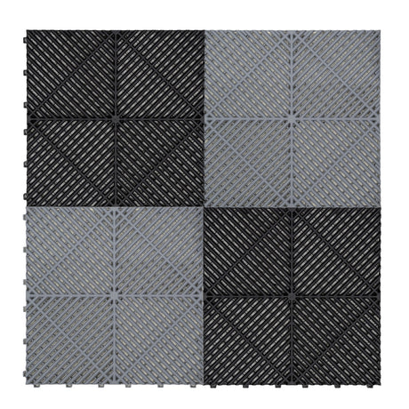 Belüftete Garagenbodenfliesen in Schwarz und Grau, quadratisch, mit rutschfester Oberfläche und diagonalen Rillen für optimale Drainage und Stabilität