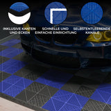 Belüftete Garagenbodenfliesen in Schwarz und Blau mit strukturierten Oberflächen, ideal für einfache Installation und optimale Luftzirkulation