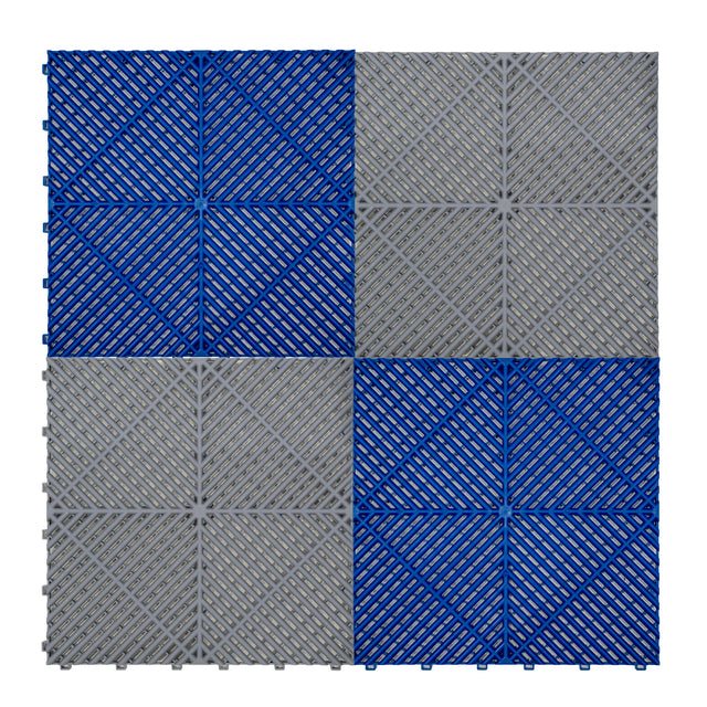 Belüftete Garagenbodenfliesen in Grau und Blau, quadratisch angeordnet, mit strukturierten Oberflächen und rutschfestem Design für optimale Sicherheit