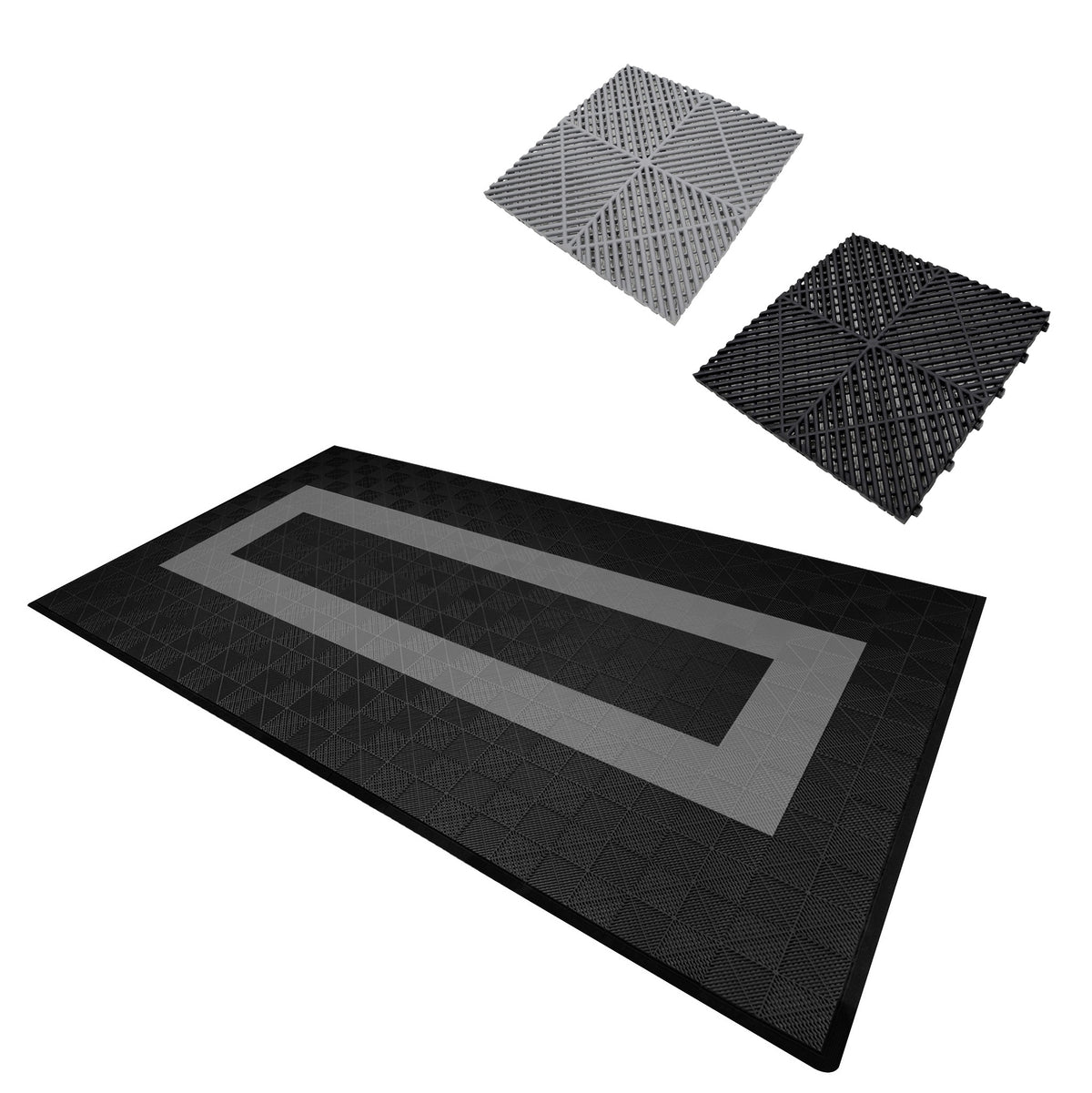 Belüftete Garagenbodenfliesen in Schwarz und Grau, mit rutschfester Oberfläche und strukturiertem Design für optimale Belüftung und Stabilität