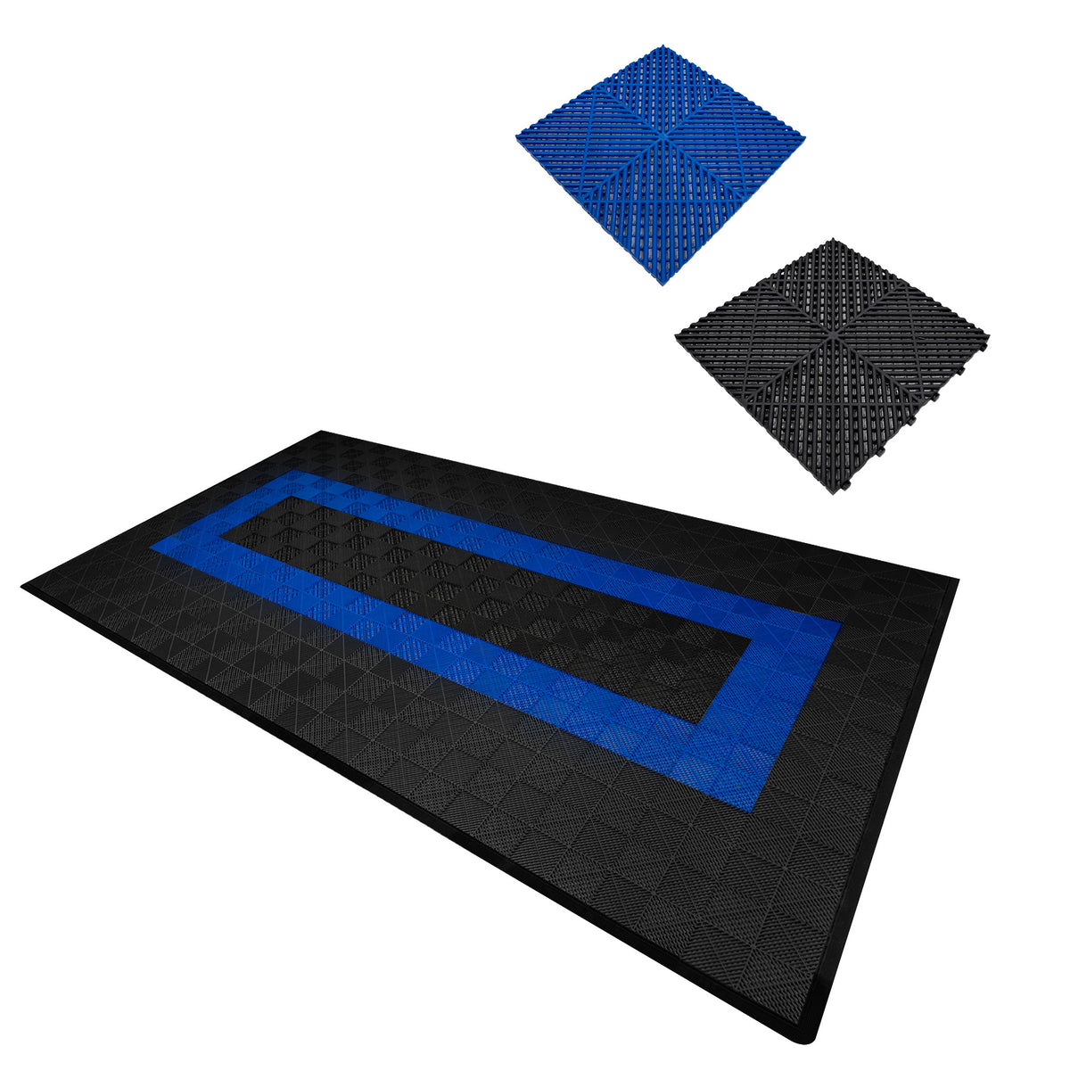 Belüftete Garagenbodenfliesen in Schwarz mit blauen Kanten, rutschfeste Oberfläche, rechteckige Form, ideal für Garagen und Werkstätten