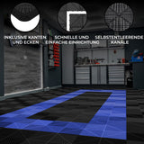 Belüftete Garagenbodenfliesen in Schwarz und Blau, mit strukturierten Oberflächen und Kanten, ideal für einfache Installation und optimale Luftzirkulation