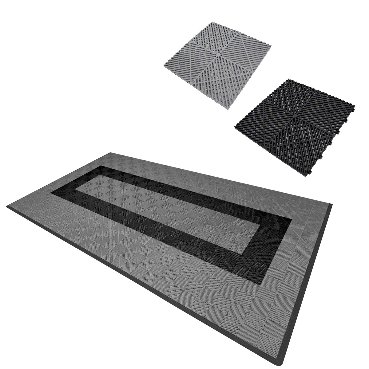 Belüftete Garagenbodenfliesen in Grau und Schwarz, mit rutschfester Oberfläche und strukturiertem Design, ideal für Garagen und Werkstätten
