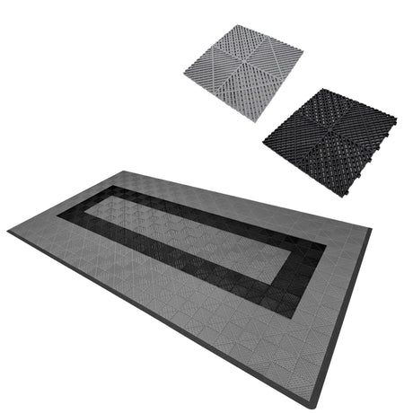 Belüftete Garagenbodenfliesen in Grau und Schwarz, mit rutschfester Oberfläche und strukturiertem Design, ideal für Garagen und Werkstätten