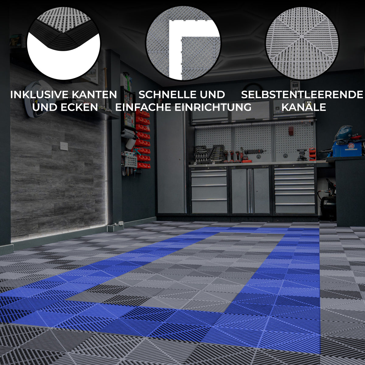 Belüftete Garagenbodenfliesen in Grau und Blau, mit strukturierten Oberflächen und Kanten, ideal für einfache und schnelle Installation in Garagen
