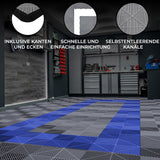 Belüftete Garagenbodenfliesen in Grau und Blau, mit strukturierten Oberflächen und Kanten, ideal für einfache und schnelle Installation in Garagen
