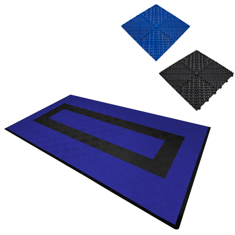 Belüftete Garagenbodenfliesen in Blau und Schwarz, mit strukturiertem Muster und Kanten, ideal für rutschfeste und langlebige Bodenbeläge