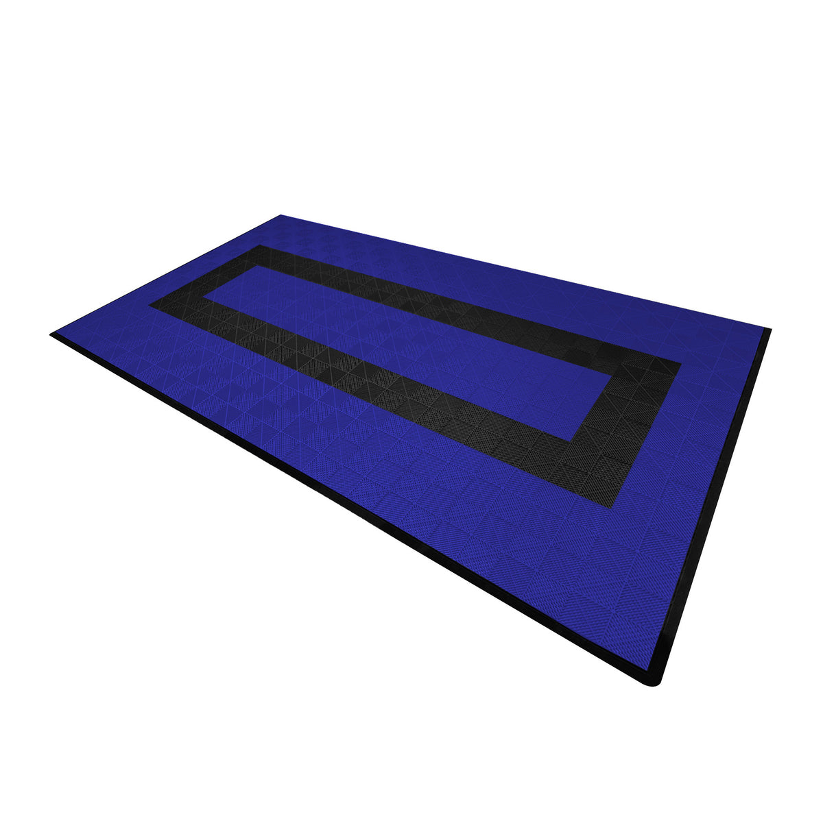 Belüftete Garagenbodenfliesen in Blau und Schwarz, rechteckig mit strukturiertem Muster, ideal für rutschfeste und langlebige Bodenbeläge