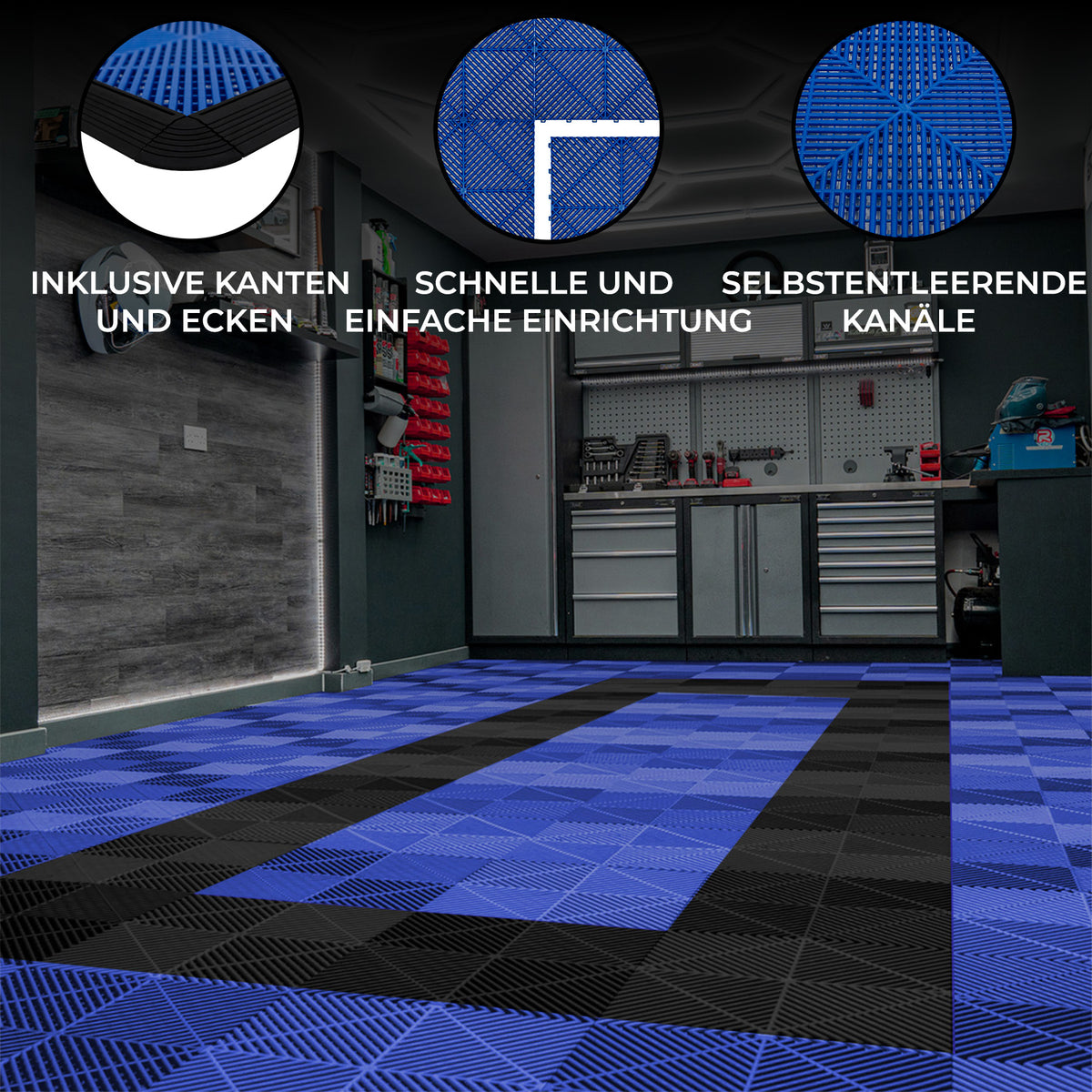 Belüftete Garagenbodenfliesen in Blau und Schwarz, mit strukturierten Oberflächen und Kanten, ideal für einfache und schnelle Verlegung in Garagen