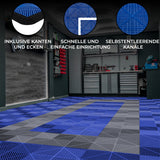 Belüftete Garagenbodenfliesen in Blau und Grau, mit strukturierten Oberflächen, Kanten und Ecken für einfache Installation und optimale Luftzirkulation
