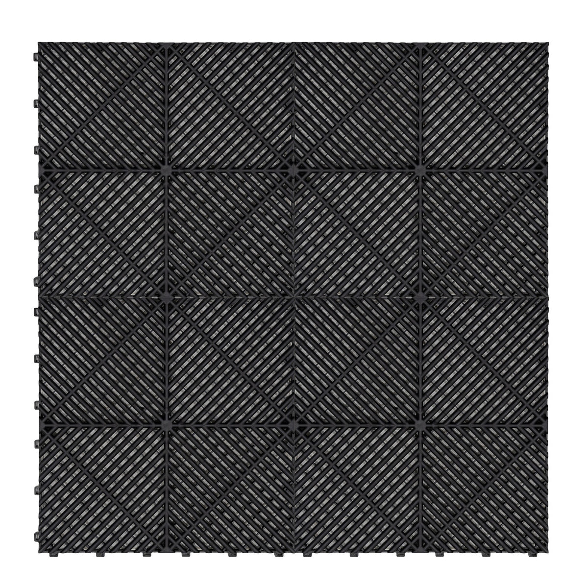 Belüftete Garagenbodenfliesen in Schwarz, quadratisch mit rutschfester Oberfläche und diagonalen Rillen für optimale Drainage und Stabilität
