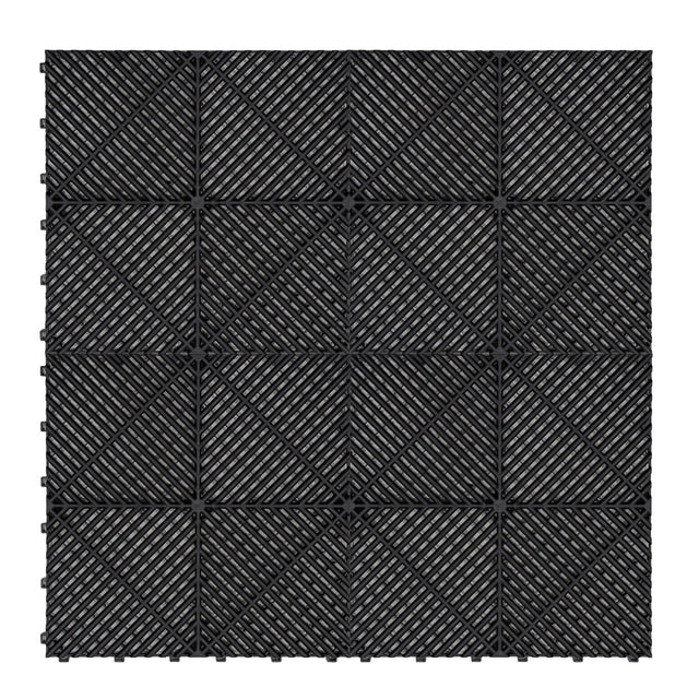 Belüftete Garagenbodenfliesen in Schwarz, quadratisch mit rutschfester Oberfläche und diagonalen Rillen für optimale Drainage und Stabilität