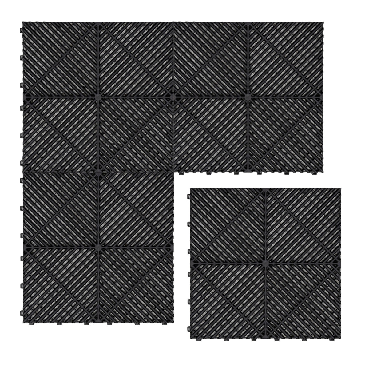 Belüftete Garagenbodenfliesen in Schwarz, quadratische Form mit rutschfester Oberfläche und diagonalen Rillen für optimale Drainage und Stabilität