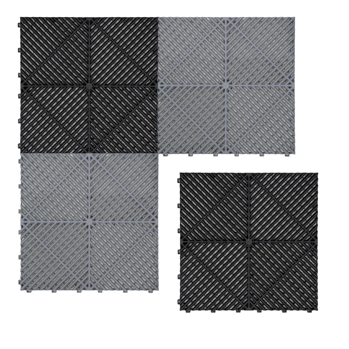 Belüftete Garagenbodenfliesen in Schwarz und Grau, quadratische Platten mit rutschfester, strukturierten Oberfläche und stabilen Kanten