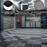 Belüftete Garagenbodenfliesen in Schwarz und Grau mit strukturierten Oberflächen, ideal für eine moderne und funktionale Garage