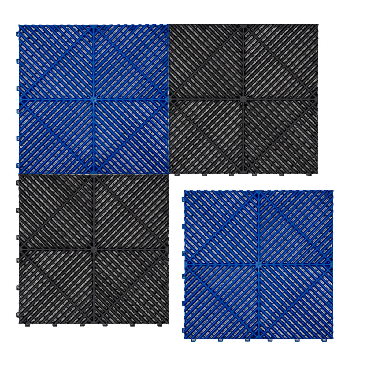 Belüftete Garagenbodenfliesen in Schwarz und Blau, quadratisch, mit rutschfester Oberfläche und strukturiertem Design für optimale Luftzirkulation