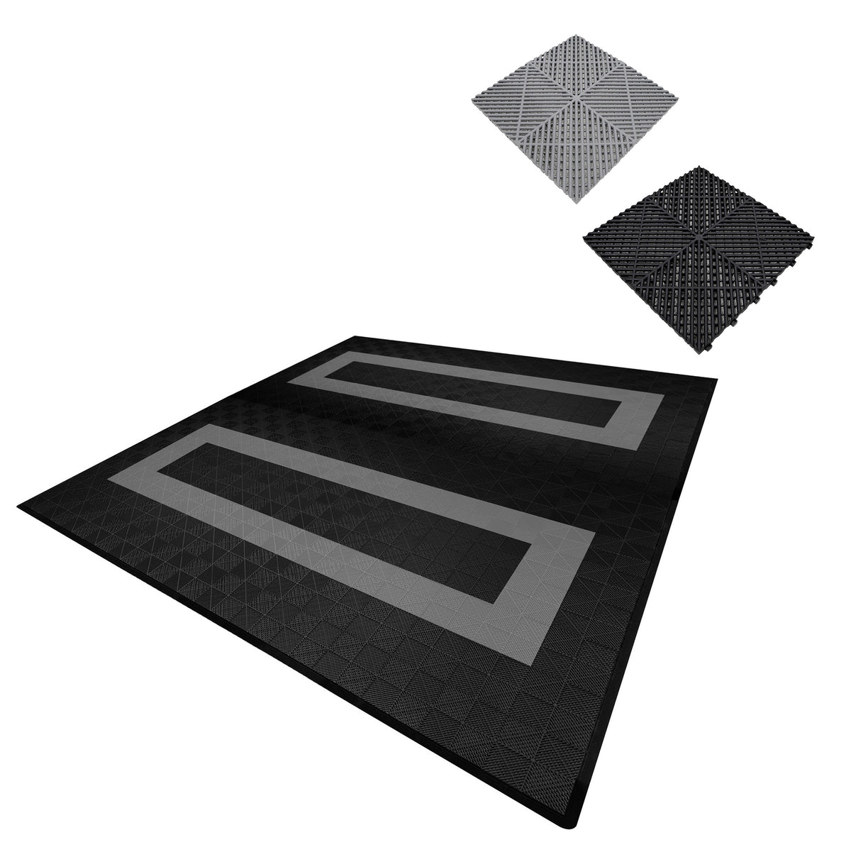Belüftete Garagenbodenfliesen in Schwarz und Grau, mit rutschfester Oberfläche und strukturiertem Design, ideal für Garagen und Werkstätten