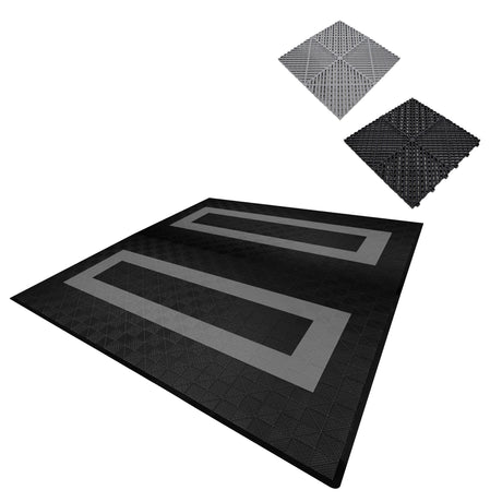Belüftete Garagenbodenfliesen in Schwarz und Grau, mit rutschfester Oberfläche und strukturiertem Design, ideal für Garagen und Werkstätten