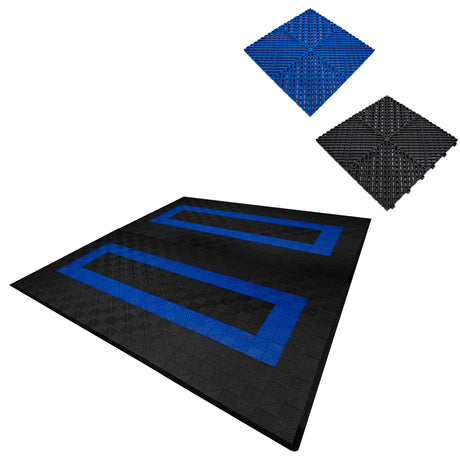 Belüftete Garagenbodenfliesen in Schwarz mit blauen Kanten, rutschfester, strukturiertem Design, ideal für Garagen und Werkstätten