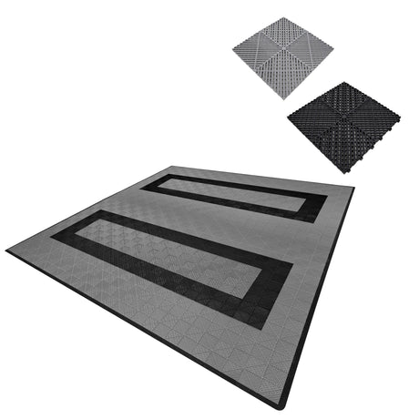 Belüftete Garagenbodenfliesen in Grau und Schwarz, mit rutschfester Oberfläche und strukturiertem Design, ideal für Garagen und Werkstätten