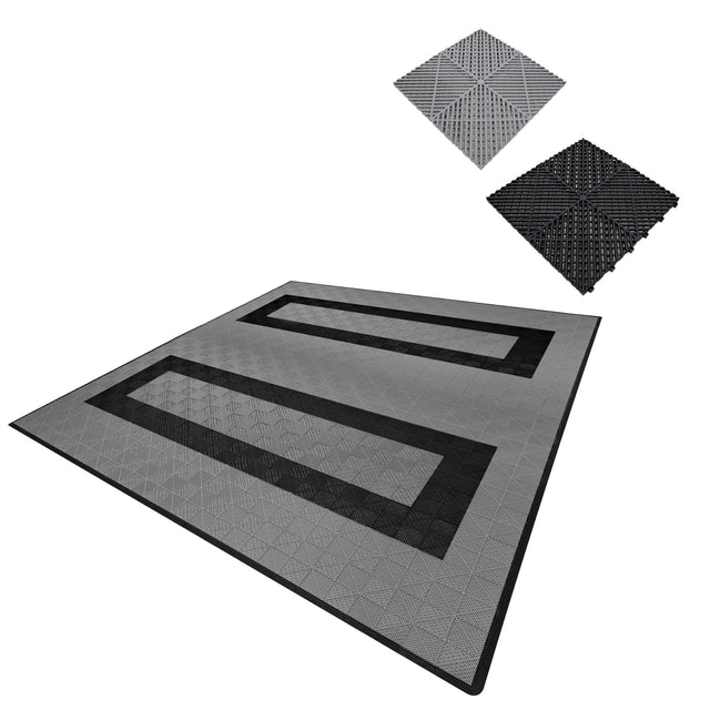 Belüftete Garagenbodenfliesen in Grau und Schwarz, mit rutschfester Oberfläche und strukturiertem Design, ideal für Garagen und Werkstätten