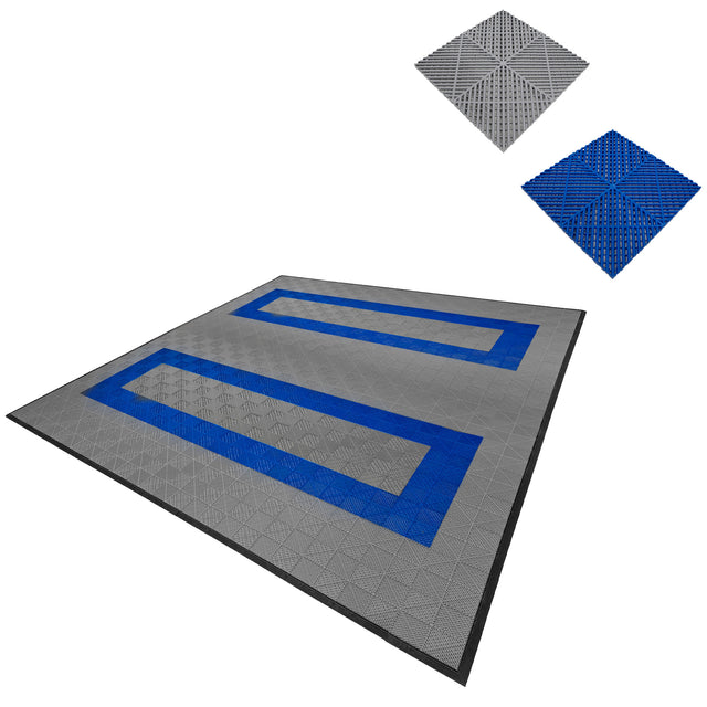 Belüftete Garagenbodenfliesen in Grau und Blau, mit strukturierten Oberflächen und rechteckiger Form, ideal für eine rutschfeste und langlebige Bodenlösung