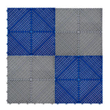 Belüftete Garagenbodenfliesen in Grau und Blau, quadratische Form mit strukturierten Oberflächen und diagonalen Rillen für optimale Luftzirkulation