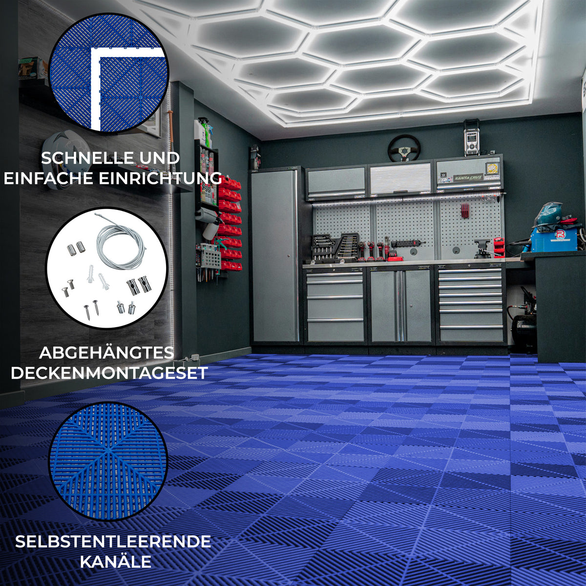 Belüftete Garagenbodenfliesen in Blau, sechseckige LED-Leuchten an der Decke, moderne Werkstatt mit Werkzeugschränken und strukturiertem Bodenbelag
