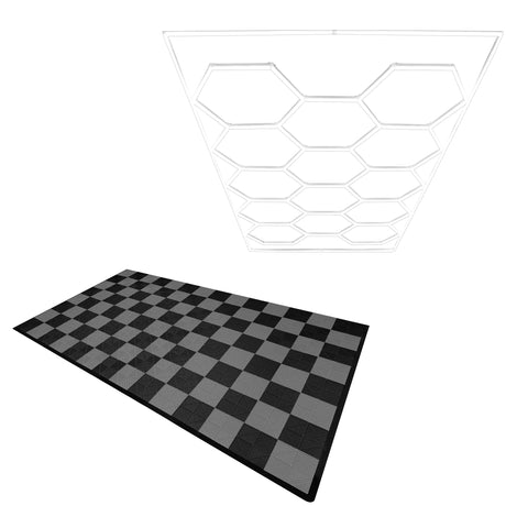 Belüftete Garagenbodenfliesen in Schwarz und Grau mit sechseckigen LED-Leuchten, die ein modernes, funktionales Design und eine strukturierte Oberfläche bieten