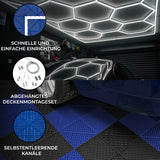 Belüftete Garagenbodenfliesen in Schwarz und Blau mit sechseckigen LED-Leuchten, strukturierte Oberfläche und einfache Montageoptionen für optimale Belüftung