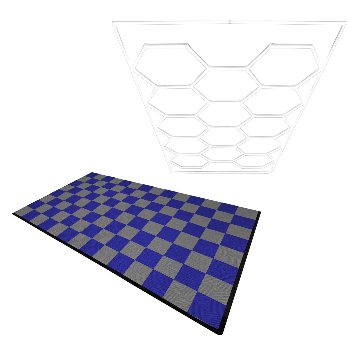 Belüftete Garagenbodenfliesen in Grau und Blau mit Kanten, kombiniert mit sechseckigen LED-Leuchten in einem modernen, geometrischen Design