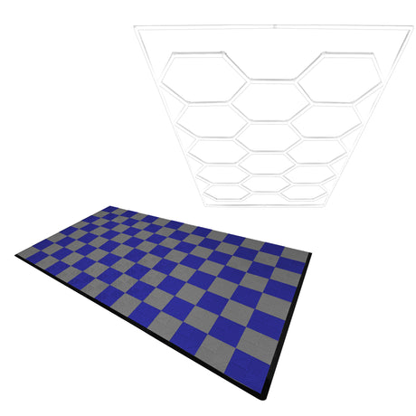 Belüftete Garagenbodenfliesen in Grau und Blau mit Kanten, kombiniert mit sechseckigen LED-Leuchten in einem modernen, geometrischen Design