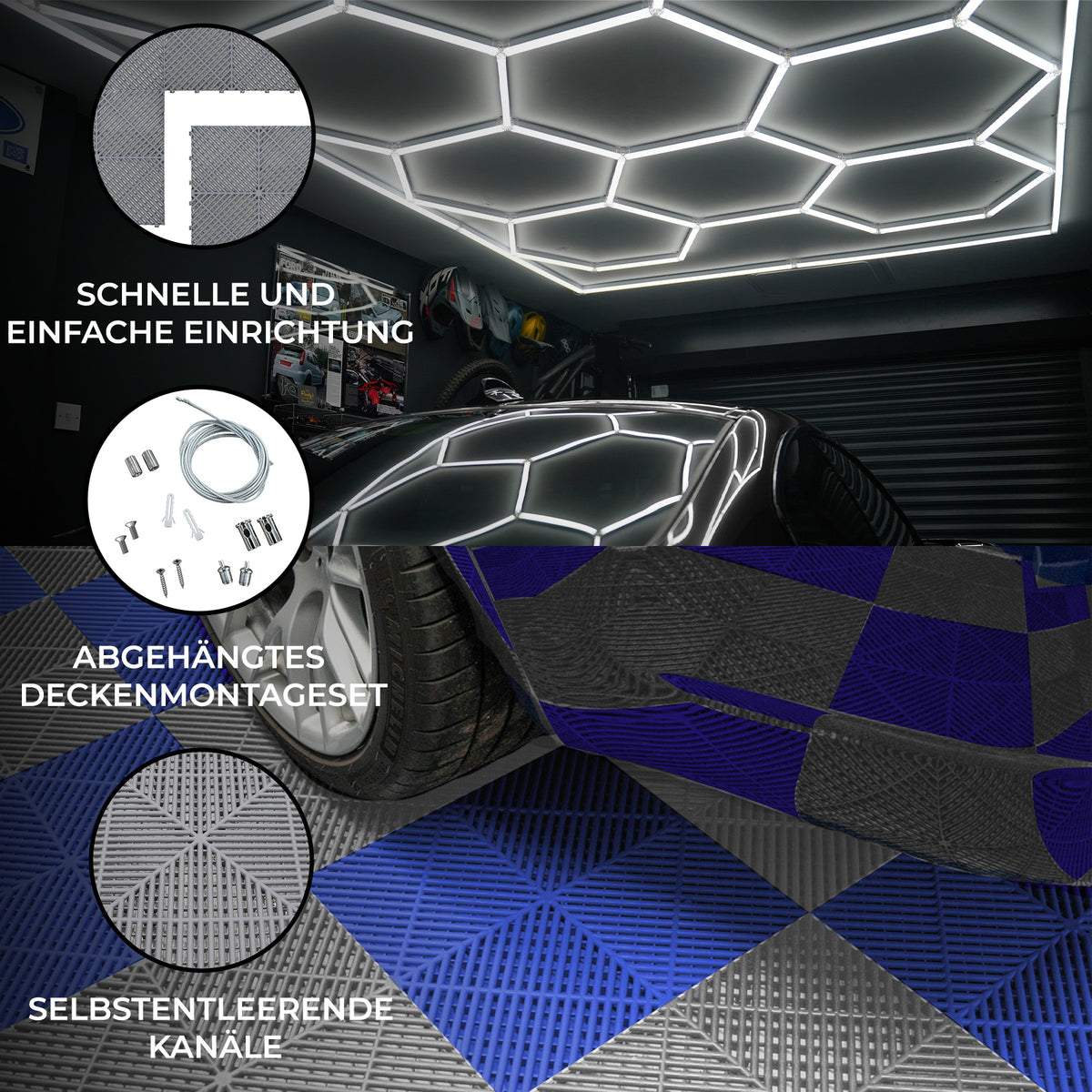 Belüftete Garagenbodenfliesen in Grau und Blau, kombiniert mit sechseckigen LED-Leuchten, schaffen eine moderne, funktionale Atmosphäre mit strukturierten Oberflächen
