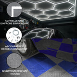 Belüftete Garagenbodenfliesen in Grau und Blau, kombiniert mit sechseckigen LED-Leuchten, schaffen eine moderne, funktionale Atmosphäre mit strukturierten Oberflächen