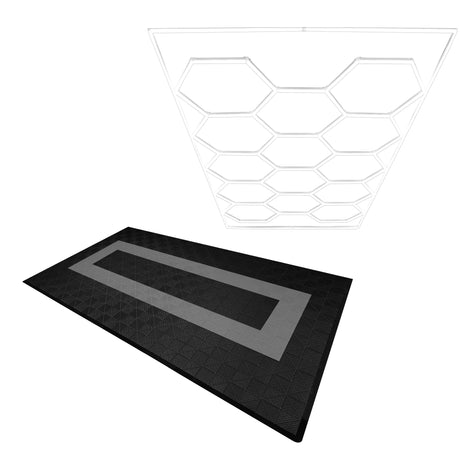Belüftete Garagenbodenfliesen in Schwarz und Grau mit sechseckigen LED-Leuchten, modernes Design, strukturierte Oberflächen und scharfe Kanten
