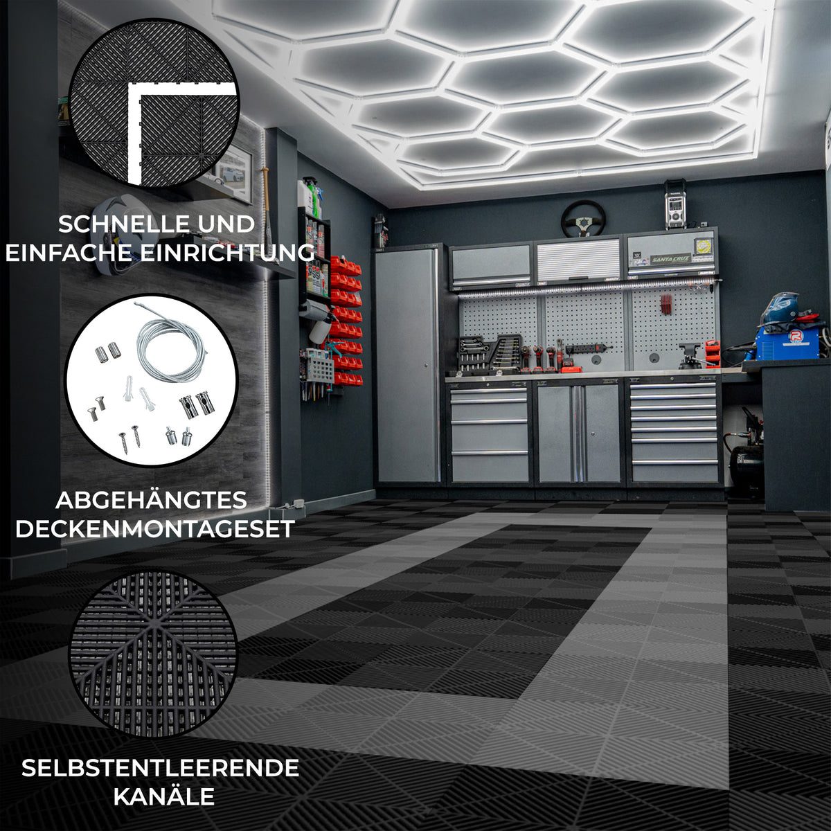 Belüftete Garagenbodenfliesen in Schwarz und Grau, sechseckige LED-Leuchten an der Decke, moderne Werkstatt mit Werkzeug und Zubehör